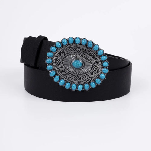 Vegan Pu Leather Belt - Caen - Turquoise Round Boho Gemstone Buckle - Silver / Black - 110cm