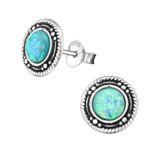 Silver Round Oxidized Stud Earrings - Opal