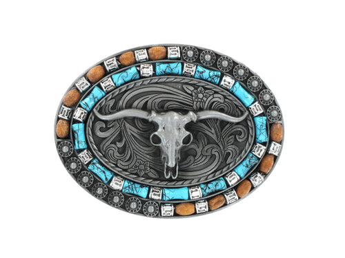 SILVER LONG HORN WESTERN BUCKLE