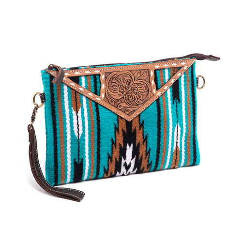 Turq Saddle Blanket Large Clutch Bag with Tooled Leather