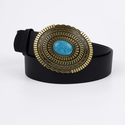 Vegan Pu Leather Belt - Caen - Turquoise Round Boho Buckle - Gold / Black - 110cm