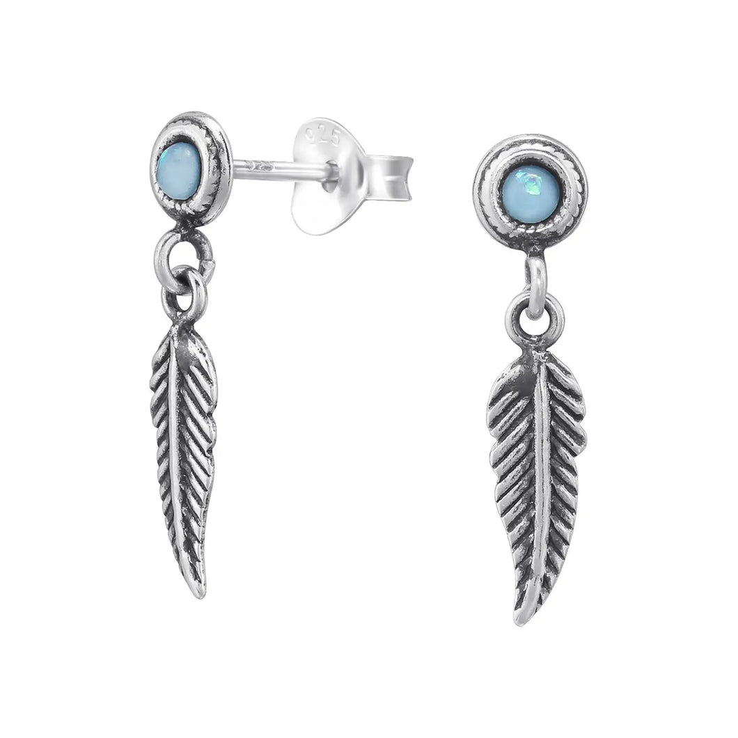 Silver Feather Stud Earrings - Opal