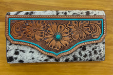 Load image into Gallery viewer, Cowhide Tooling Leather Wallet with Turquoise Stonework - Dark Brown