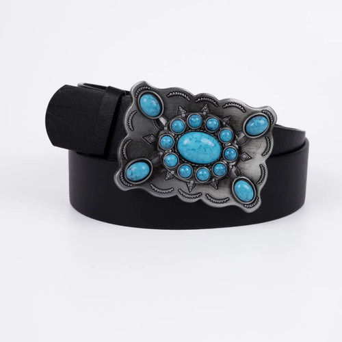 Vegan Pu Leather Belt - Caen - Turquoise Rectangle Boho Buckle - Silver / Black - 110cm