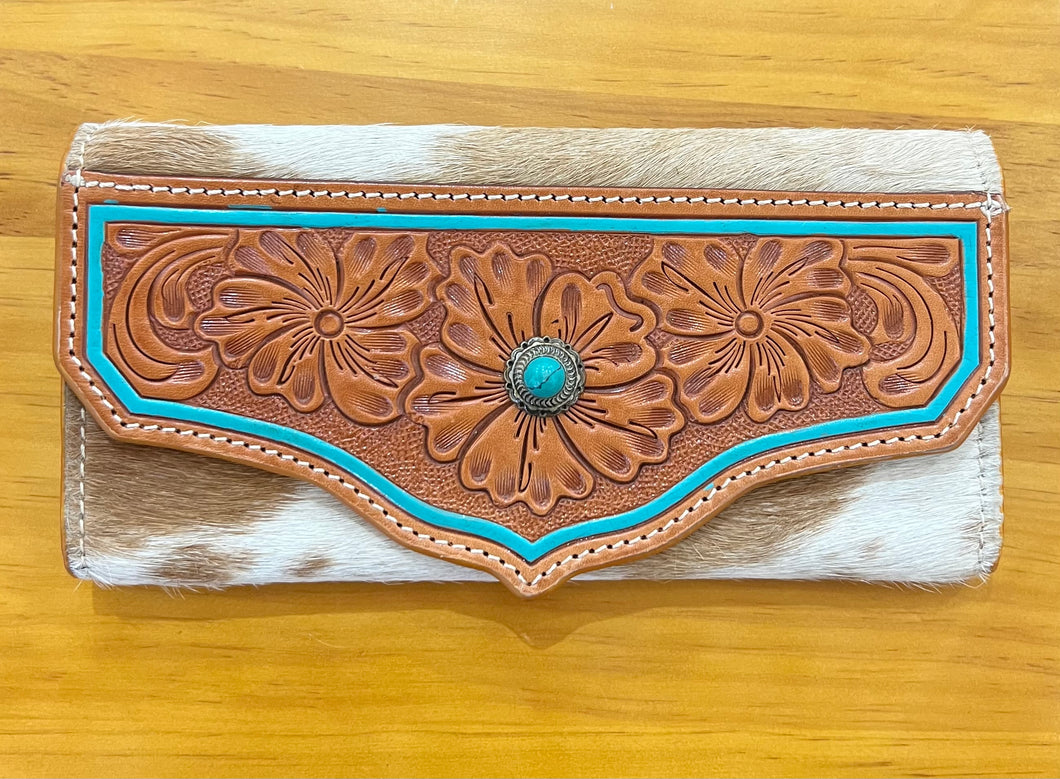 Cowhide Tooling Leather Wallet with Turquoise Stonework - Tan