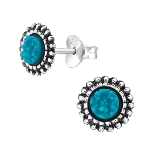 Silver Round Stud Earrings - Druzy Stone - Turquoise