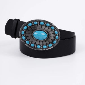 Vegan Pu Leather Belt - Caen - Turquoise Oval Boho Buckle - Silver / Black - 110cm