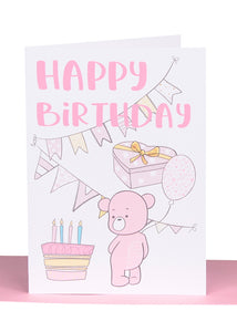 Birthday Greeting Card – Pink Bear and Bunting